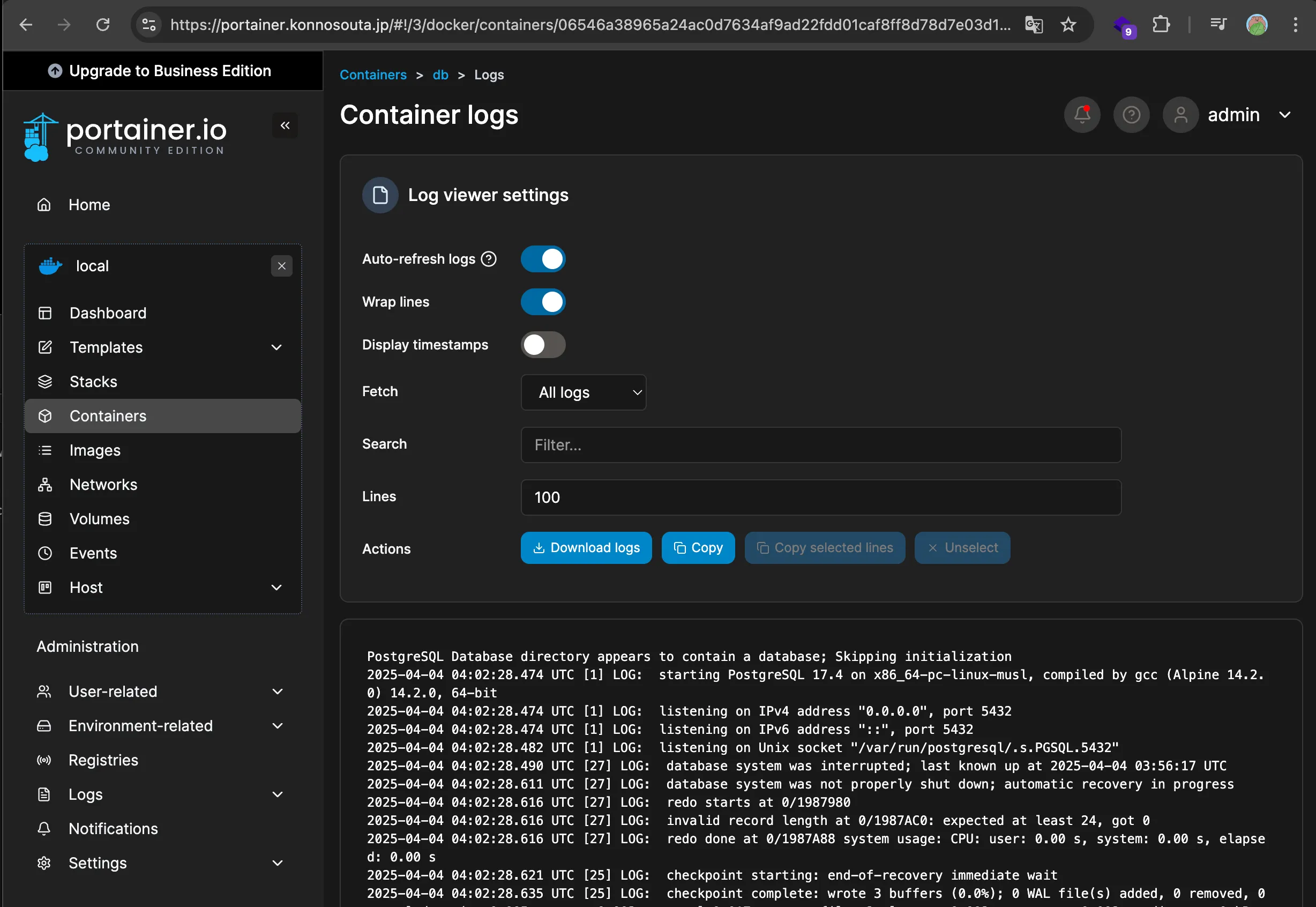 Portainerのダッシュボード